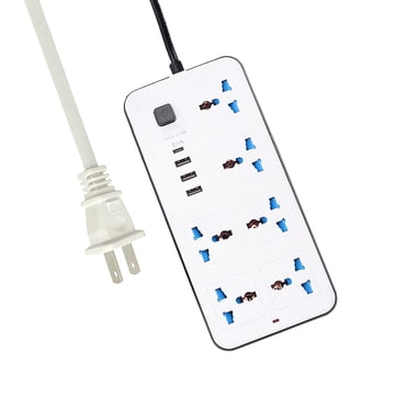 Graflsoa 6-Outlet Surge Protector with 3 USB Ports & 1 Type-C, 6ft Extension Cord, White, Compact Design, Safety Features, 2200W Power Capacity, EU/US/UK Plug Options