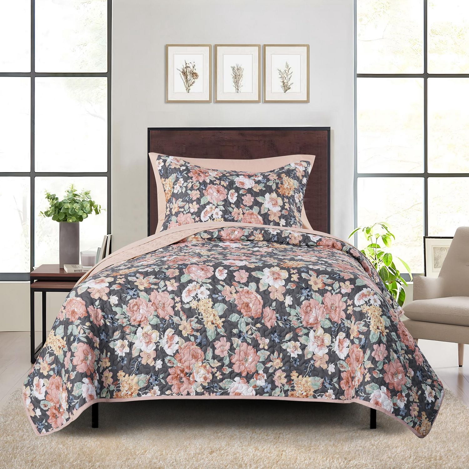 Mainstays Ensemble courtepointe et drap-housse légers tout-en-un - 7pièces, Grand Lit, Floral Gris