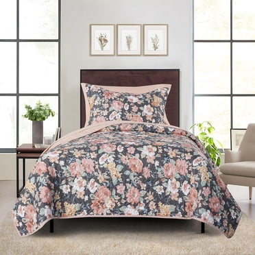 Mainstays Ensemble courtepointe et drap-housse légers tout-en-un - 5pièces, 1 PL/XL, Floral Gris