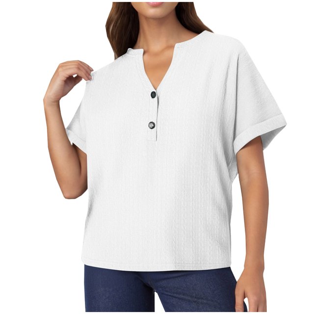 Yuyuzo Womens Tops Short Sleeve Shirts Button up V Neck T Shirts Solid Color Loose Fitted Blouses