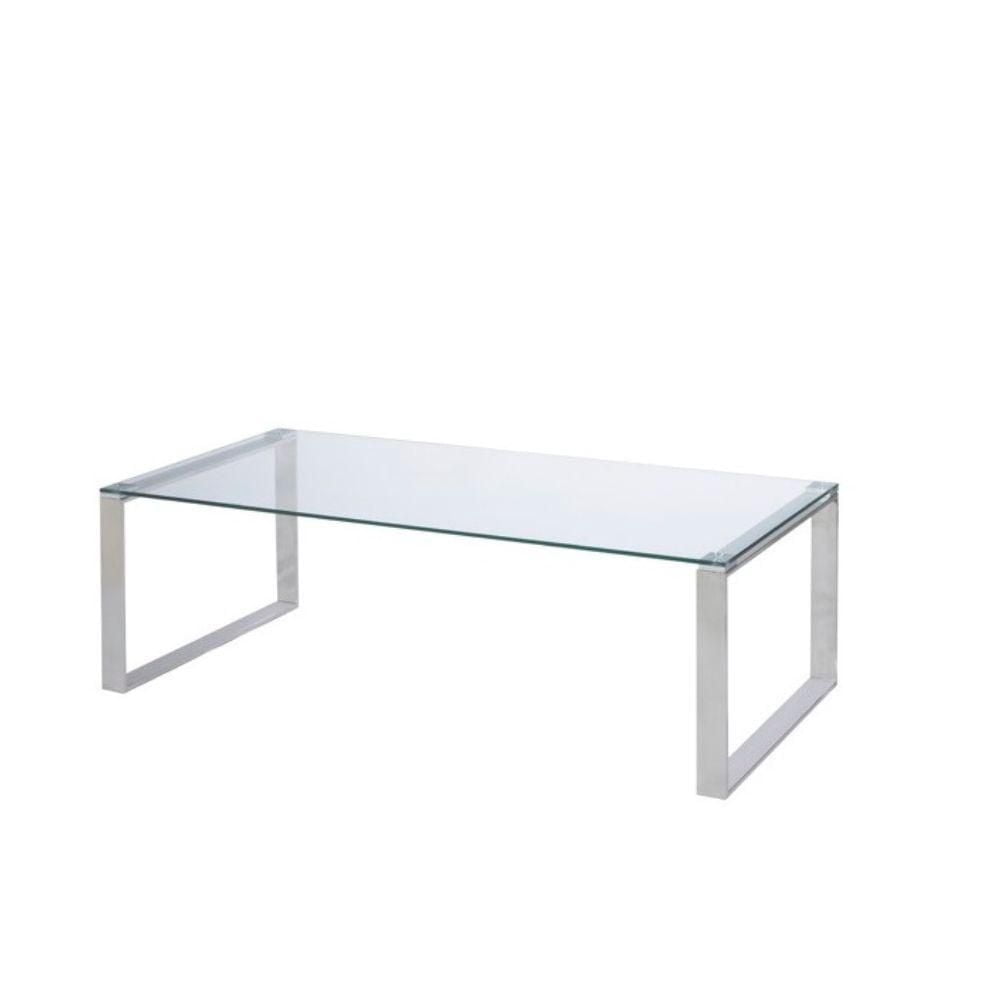 Table basse Gen, pieds luge en acier inoxydable poli brillant et plateau en verre trempé.<br>Dimensions : Grand : 16" H x 39" L x 18" P