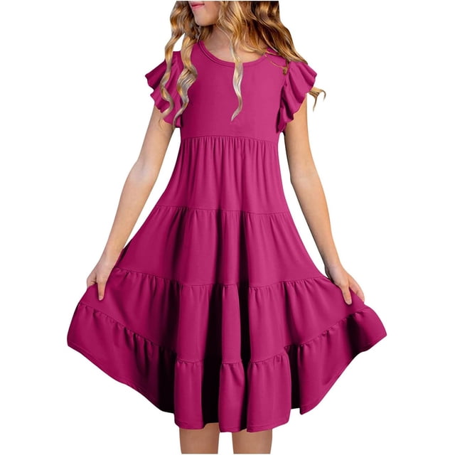 BYHONG Robes d'Été pour Filles à Double Couche à Manches Volantées Fluides Robe Trapèze Décontractée Dégradé Robes Midi Jupes Robes pour Filles Rose Vif 120