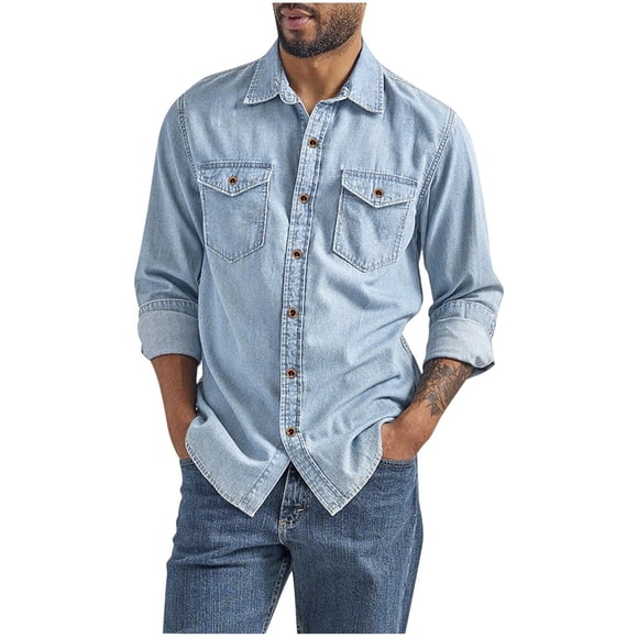 hotojiny Mens Denim Shirt Trendy Long Sleeve Button down Shirts with Two Pockets Jean Look Work Shirts for Men