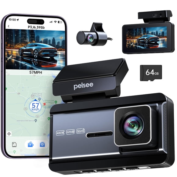 Pelsee P3 4K Dash Cam Front and Rear, 64GB SD Card, 4K+1080P Dual Dash Camera for Cars with Wi-Fi, GPS, ADAS, BSD, LCA, 3’’ IPS Display C