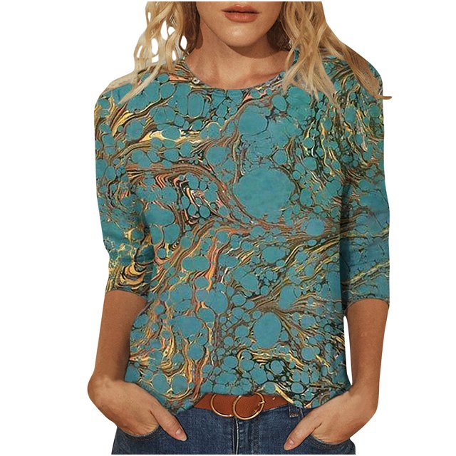 T-shirt Ample Imprimé pour Femme, Blouse à Manches 3/4, Col Rond, Hauts Décontractés