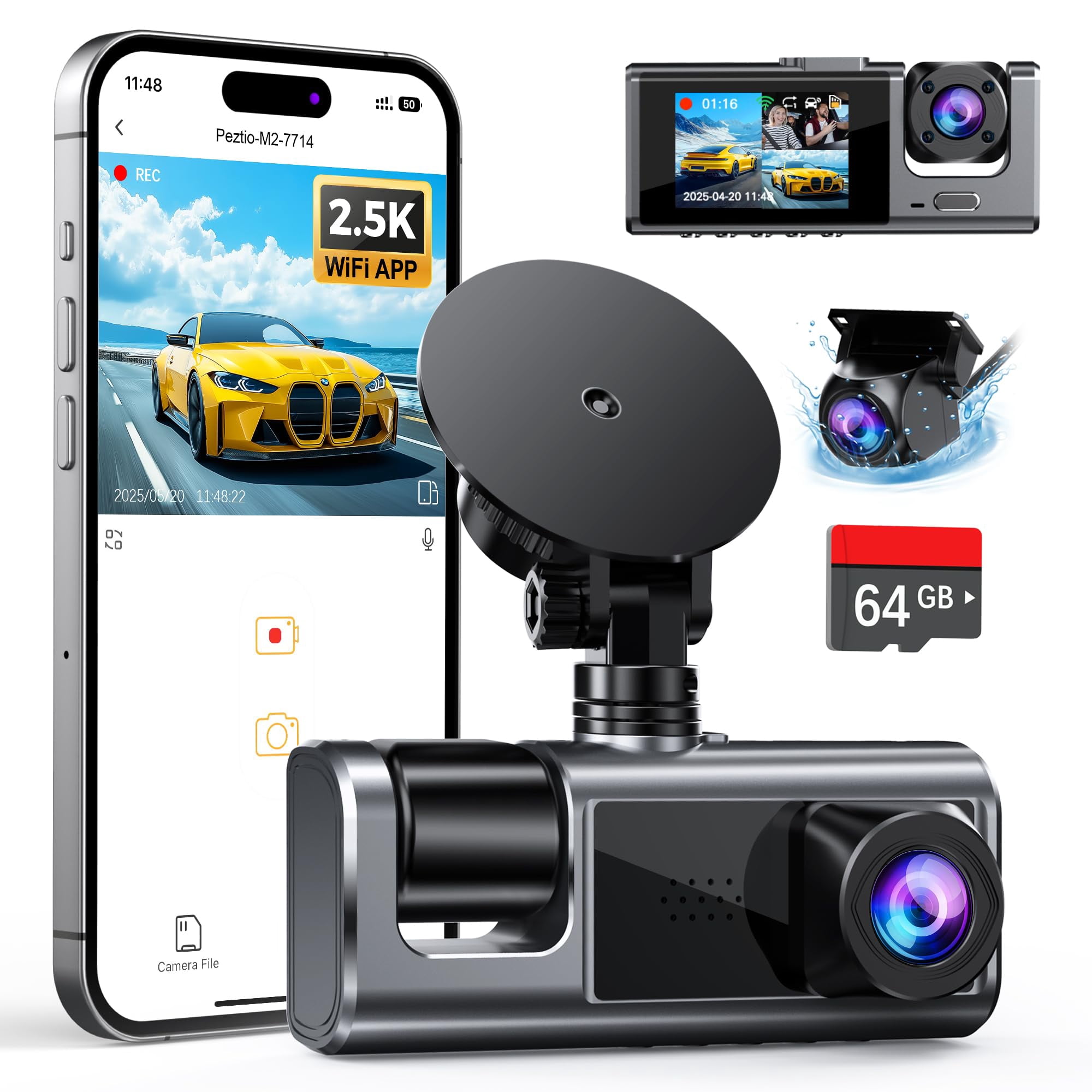 Galphi 3 Channel WiFi Dash Cam Front and Rear Inside with 64GB SD Card, 2.5K+1080P+1080P Car Dash Camera for Cars Front and Rear, Dashcam with G-Sens