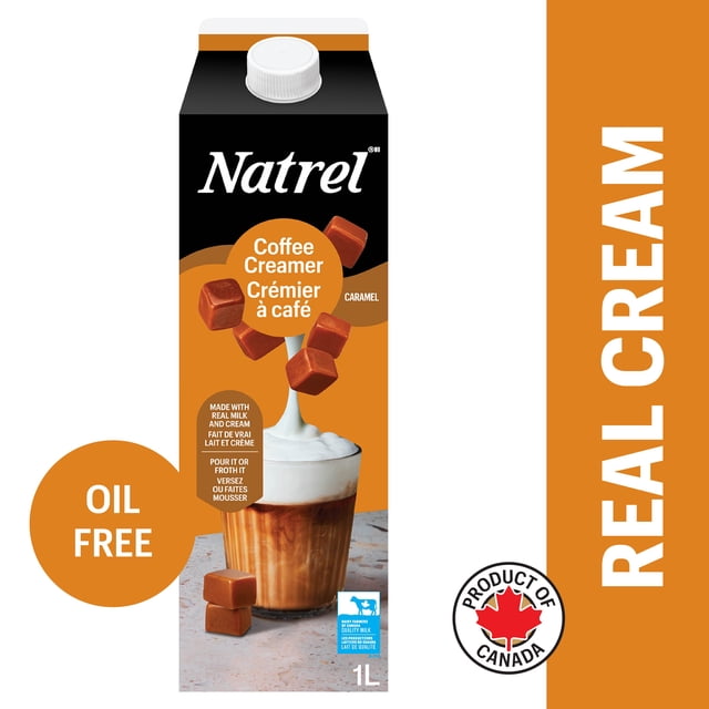 Natrel Crème à Café Caramel 1 L, Contenant de 1 L pour Café à Saveur de Caramel, Fait avec du Vrai Lait Écrémé et de la Crème des Fermes Laitières Canadiennes; Ajoute une Mousse Crémeuse et Facile à Préparer au Café, Idéal comme Additif au Café et Souvent Utilisé pour Aromatiser le Chocolat Chaud.