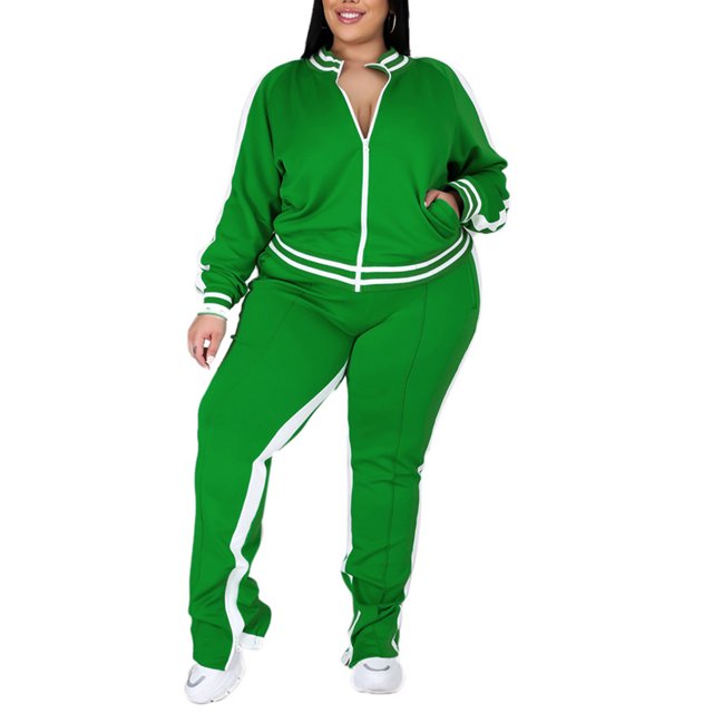 MAWCLOS Women Plus Size Slim Leg Sweatsuits Running Long Sleeve Jacket+Sweatpants Green XXXL