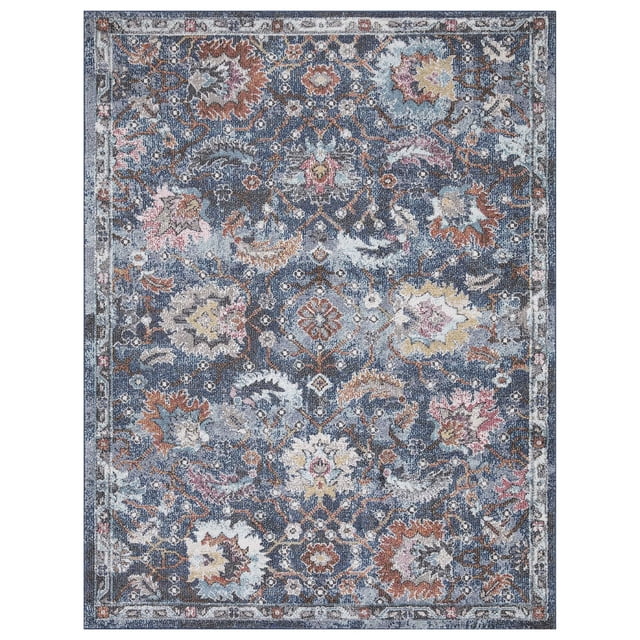 Mainstays Floral Multi-Colour Area Rug, 5’ x 7’ centered front view of a rectangular rug with an all-over floral pattern in multiple colours; soft, cushioned surface and finished edges visible, placed on a hardwood living room floor to define seating; suitable for living rooms, bedrooms or dining areas and often used as a layering or play rug.