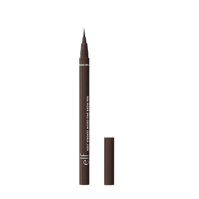 e.l.f. Cosmetics Holy Strokes Micro-Fine Brow Pen with a dark brown slim barrel and precision micro-fine brush tip, uncapped with the cap beside it on a white background, designed for creating natural, detailed eyebrow strokes with a waterproof, smudge-resistant formula suitable for beginners.
