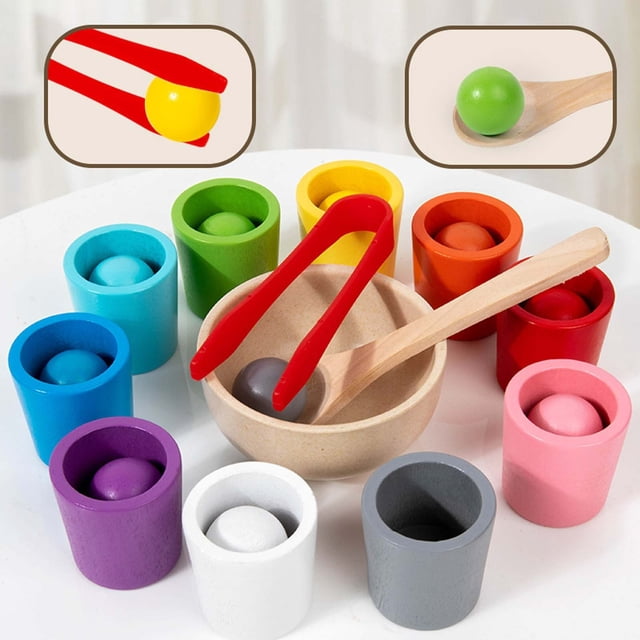 Vaidha Wooden Color Sorting & Counting Toy for Toddlers, a Montessori educational toy featuring vibrant wooden cups and matching balls. Includes a wooden spoon and red tongs for stacking, sorting, and shape matching activities. Ideal for preschool learning and infant development for kids ages 3 and up.