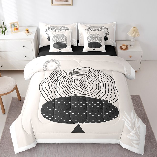 YST Modern Mid Century 7pcs Black Grey Comforter Set, Abstract Geometric Bedding Accessories, Twin Size, 7 Count