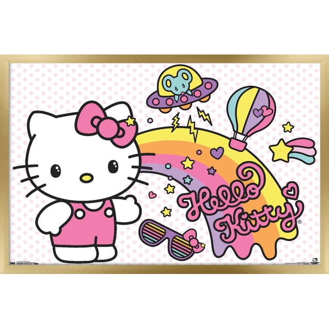 Hello Kitty - Affiche Murale Rétro Arc-en-Ciel, 14,725 Pouces x 22,375 Pouces Affiche Murale Encadrée Mettant en Vedette Hello Kitty en Salopette Rose et un Nœud Rose sur un Fond à Pois Rose pastel. le design Comprend un Arc-en-Ciel avec des Étoiles, des Cœurs, une Montgolfière, un Ovni avec une Souris Bleue, et des Lunettes de Soleil à Rayures Arc-en-Ciel, avec Texte « Hello Kitty » en Écriture Rétro. Convient à la Déco de Chambre, Bureau Ou Dortoir.