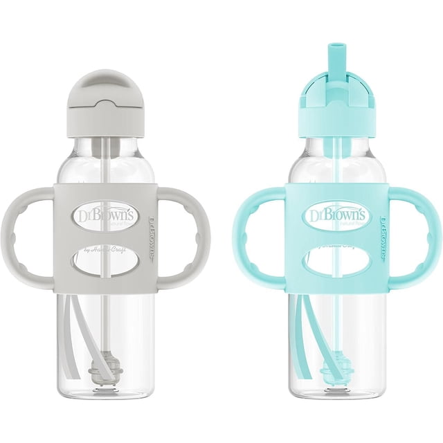 Dr. Brown's Bouteille Étroite à Paille Sippy, Lot de 2, avec Couvercles Anti-Déversement et Pailles Pondérées 100 % silicone Qui Bougent avec du Liquide, avec Poignées Amovibles en silicone Souple Gris et Bleu Pâle pour une Prise Facile, 8 oz/250 ml, Convient aux Bébés de 6 Mois et Plus.