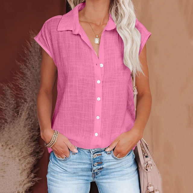 asjyhkr Plus Size Womens Linen T Shirts Button down Short Sleeve Tshirt Summer Tops Loose Soft Tees