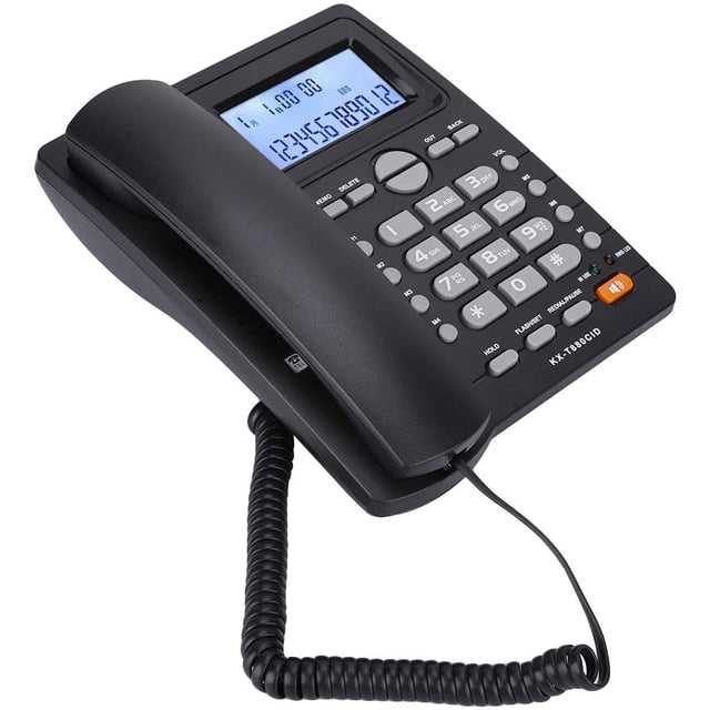ATTOE Telephone Corded Dual-Port Extension Set Corded Telephone Multi-Functional Landline Phone in black, featuring large buttons for easy dialing, a coiled cord, and a digital display screen. Designed for home or office use.