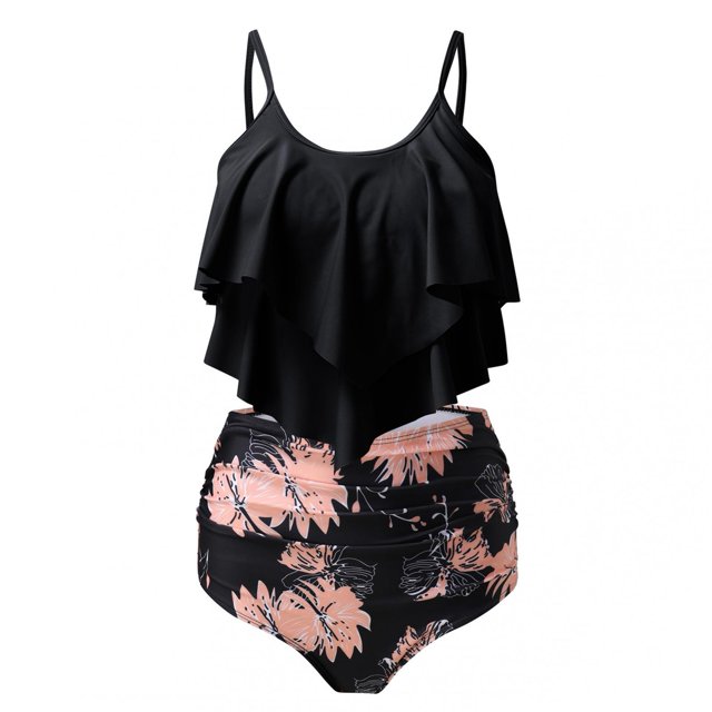 Pisexur Swimsuits for Women Two Piece Bathing Suits featuring a ruffled flounce top with thin adjustable straps and a high-waisted bikini bottom. The bottom showcases a black base with a peach floral pattern, offering tummy control and a flattering fit. Made from a soft, stretchy blend of polyester and nylon, this swim set is ideal for summer activities like beach outings, pool parties, and vacations.