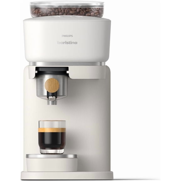 Philips Baristina Machine à Espresso, Moudre, Tasser et Infuser des Grains de Café en un Seul Geste, Compacte, Pression de Pompe de 16 Bars, Broyeur Automatique, Blanc Naturel avec Porte-Filtre en Bois de Frêne (BAR302/20)