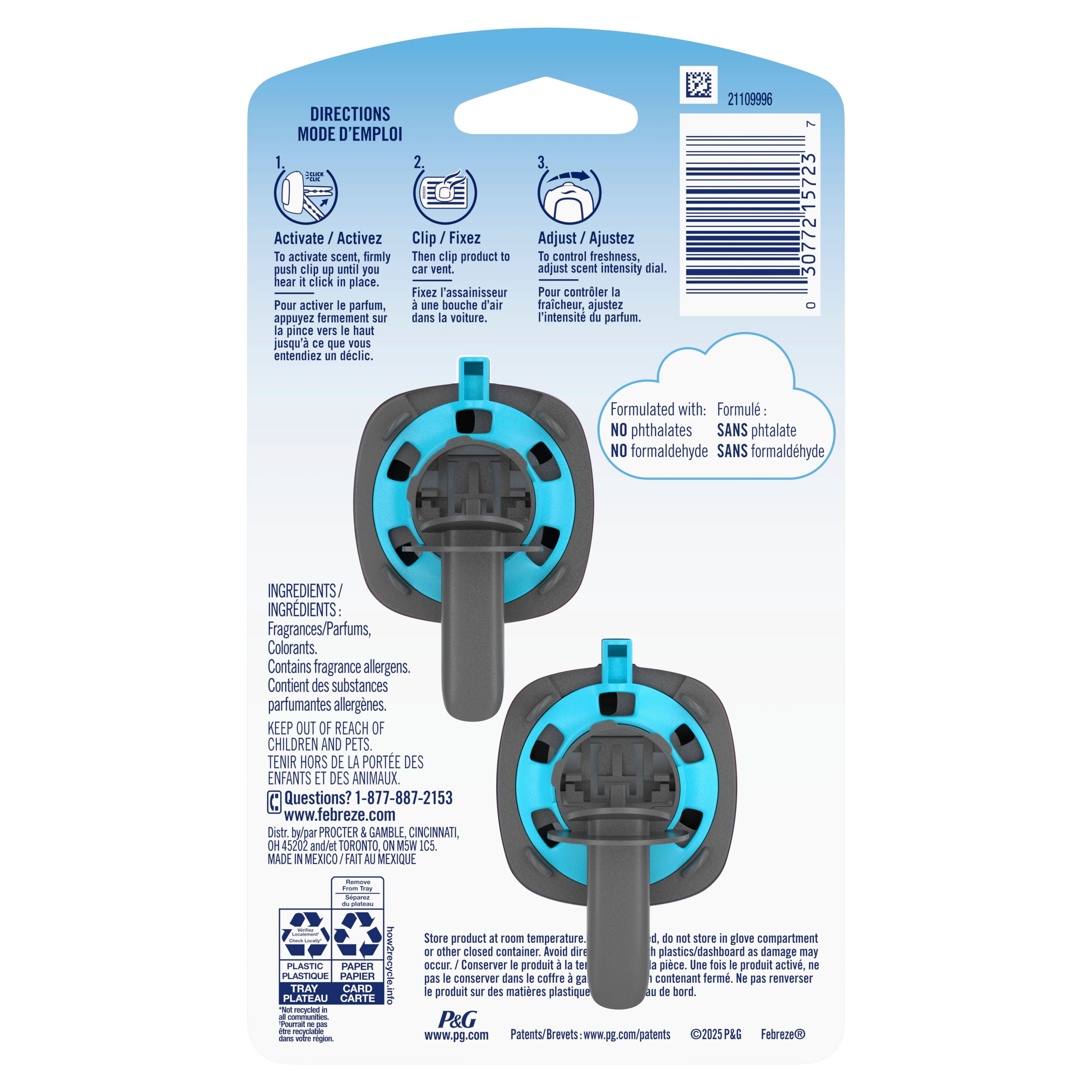 Febreze Assainisseur d'Air pour Auto, Pince pour Bouche d'Air d'Auto Anti-Odeurs, Parfum Gain Brise Nocturne, 2 Unités