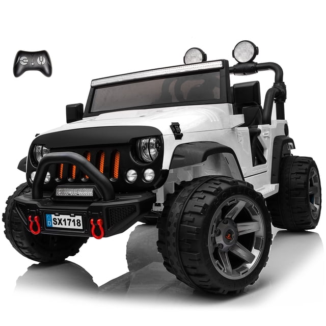 VOLTZ TOYS Jeep Wrangler 24V 2 Seater Classic Ride on Car Toy with Remote Control and MP3 Player. This rugged ride-on features a white Jeep Wrangler design with large durable wheels, adjustable leather seats for two, openable doors, LED headlights, and a working search light. It includes a built-in music player and a parental remote control for added safety. Powered by a 24V rechargeable battery with two rear-wheel drive motors, it reaches speeds of 3–8 km/h and supports up to 110 lbs, making it ideal for kids aged 3–8.