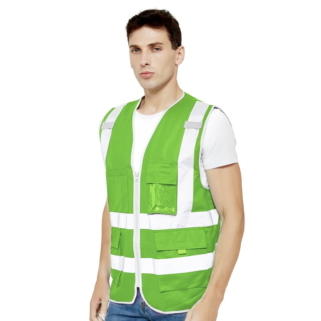 TOPTIE Class 2 High Visibility Zipper Front Safety Vest 9 Pockets and Reflective Strips Meets ANSI/ISEA Standards