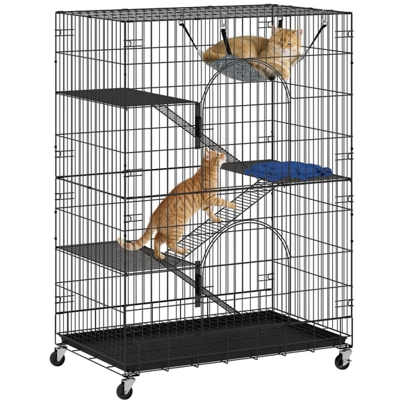 PawHut 4-Tier Cat Cage, Large Cat Enclosure Metal Playpen with Wheels