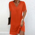 thumbnail image 1 of Ovzne Robes pour Femmes Robe Femme Couleur Unie Manches Courtes Col en V Plissé Manches Battes Robe de Printemps Manches Courtes Liquidation, 1 of 6