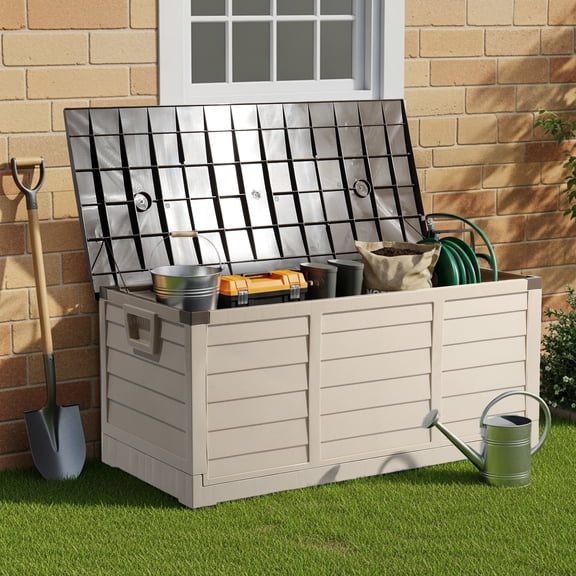 Ktaxon Coffre de Terrasse de Rangement en Plastique pour Jardin Extérieur 75gal Outils Coussins Jouets Brun