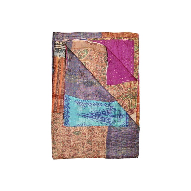 KANTHA SILK THROW BLANKET 50"X70" featuring a handcrafted quilted patchwork design in vibrant purple, blue, orange, and pink hues. Made from 100% silk, this versatile throw is suitable as a blanket, tapestry, or table cover for decorative use.