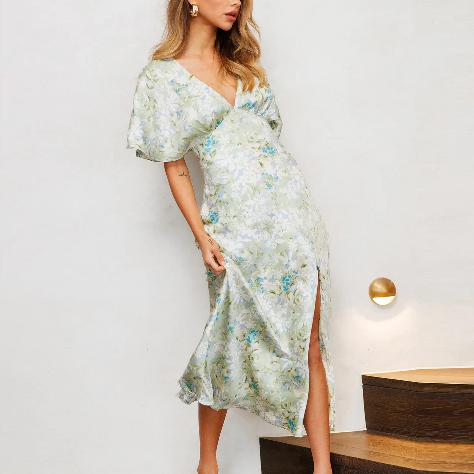 SMihono Robes Bohèmes d'Été pour Femmes Grande Taille Décontractées Taille Imprimée Jag Manches Courtes Robe à Col en V