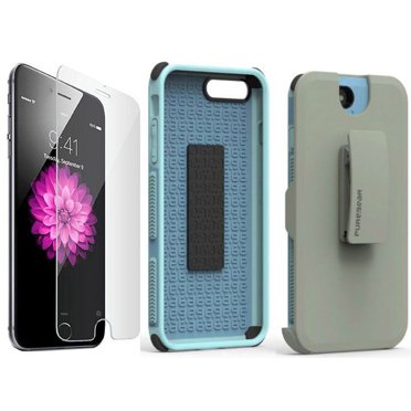 Étui avec Pince pour iPhone 8 Plus, PureGear [Bleu Pâle] Dualtek Étui Ultra Robuste + Ceinture Étui de Hanche avec Support [et Protecteur d'Écran en Verre Trempé BONUS] pour Apple iPhone 7 Plus, iPhone 8 Plus