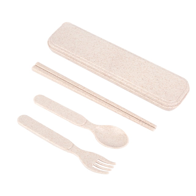 1 Set Wheat Straw Spoon Chopsticks Fork Utensil Set Travel Camping Tableware Dishware Set Portable Kitchen Set for Kids (Beige)