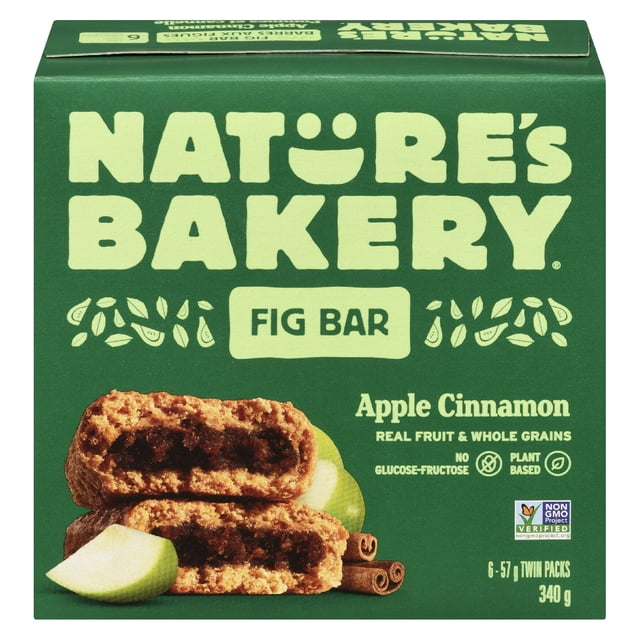 Nature's Bakery Boîte de Barres de Figue au Blé Entier Pomme-Cannelle avec Barres de Figue Tendre Jumelles, Garniture de Figue visible, Tranches de Pomme Vertes et Bâtonnets de Cannelle sur Fond Vert, Mettant en Valeur de Vrais Fruits, grains Entiers, à Base de Plantes, non-OGM et Sans glucose-fructose, Poids total de 340 g.