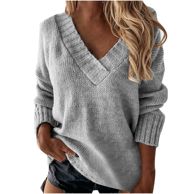Qertyioot Chandails à Col en V pour Femmes Mode Automne et Hiver Décontracté Col Rond Manches Couleur Unie Hauts Blouse
