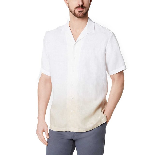 Tasso Elba Men’s Ombré Camp Collar Linen Shirts, White, Large