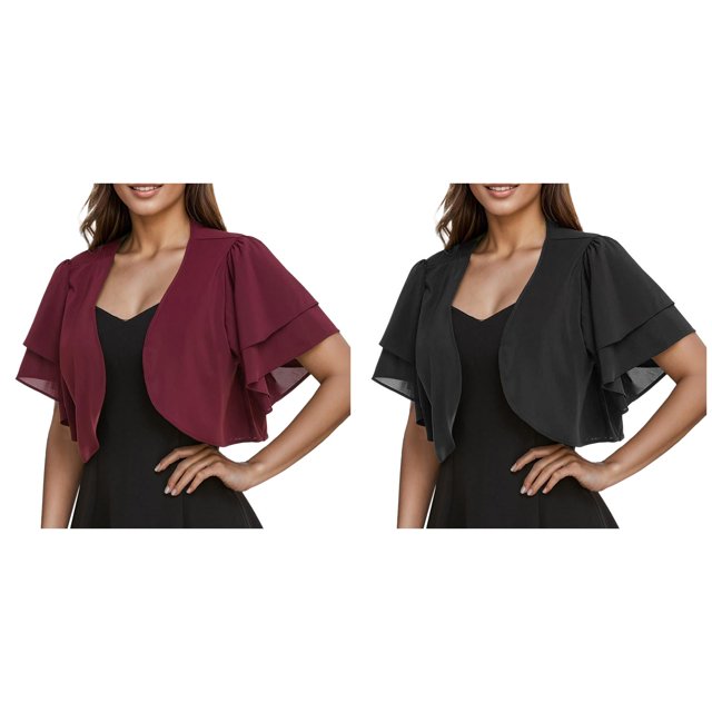 (2-Pack) Kcodviy Women Solid Short Womens Fall Cardigan Sweaters Sleeve Cropped Bolero Open Kimono Cardigan Front Chiffon Cardigan