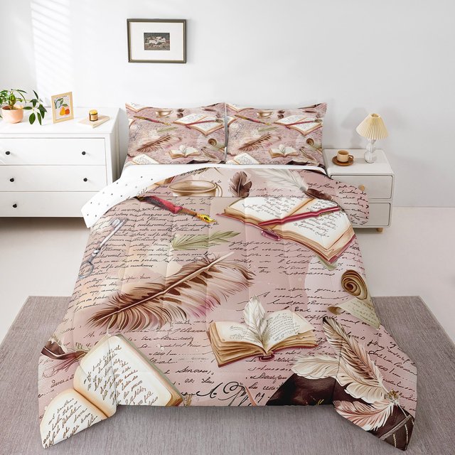 Erosebridal Feather Print Bedding Twin Comforter Set,Book Lovers Down Comforter,Readers Room Decorative,Reversible,2-Piece