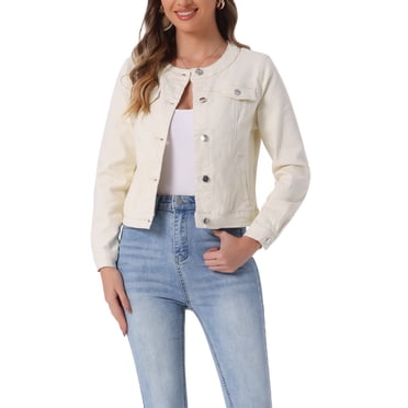 INSPIRE CHIC Women's Button Down Collarless Long Sleeve Cropped Denim Jacket Beige XL