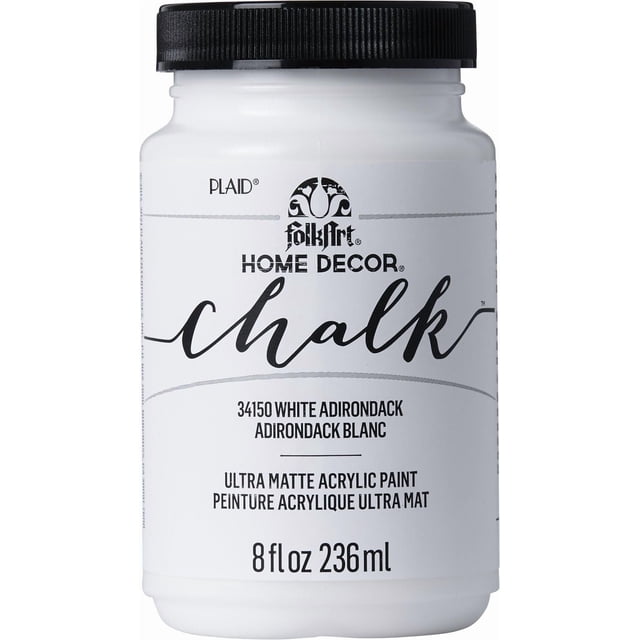FolkArt Home Decor Chalk 8 oz White Adirondack ultra matte acrylic paint in a white plastic jar with black screw-on lid, suitable for home décor projects on wood, glass, metal, and more, containing 236 ml.