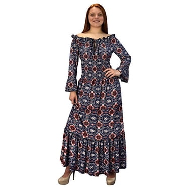 Peach Couture Gypsy Boho 3/4 Sleeves Smocked Waist Tiered Renaissance Maxi Dress Navy Red Blue, Large