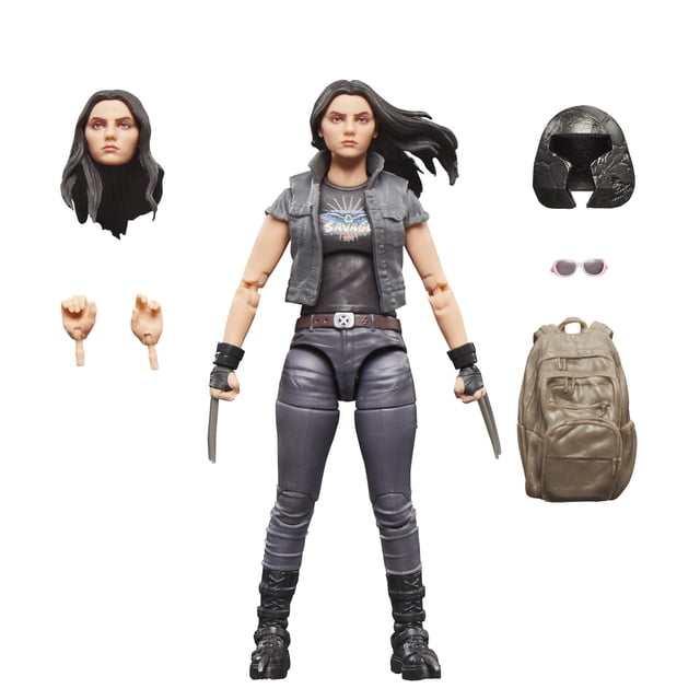 Marvel Legends Series X-23, Marvel Studios' Deadpool & Wolverine Figurine Articulée de 6 Pouces Mettant en Vedette une Femme Entièrement Articulée avec une Veste Sans Manches Grise, un Pantalon Gris Foncé, des Bottes Noires et un t-shirt Noir avec un Graphique « Savage ». Comprend six Accessoires : Tête Alternée aux Longs Cheveux Foncés, Deux Paires de Mains avec et Sans Griffes, un Casque Noir Vieilli, des Lunettes de Soleil Roses et un Sac à Dos Brun. Convient pour Être Exposé dans des collections de Figurines d'Action pour la Télé