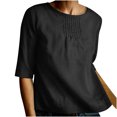 thumbnail image 2 of Qertyioot Chemise pour Femme Basique Unie Ample à Col Rond à Manches Mi-Longues en Coton et Lin Plié, 2 of 6