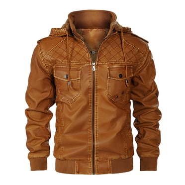 Pisexur Veste en Similicuir Homme Homme Fermeture Éclair Poche à Capuche Amovible Cuir Artificiel Ajouter Velours Vêtement en Cuir Manteau Ample Veste de Moto