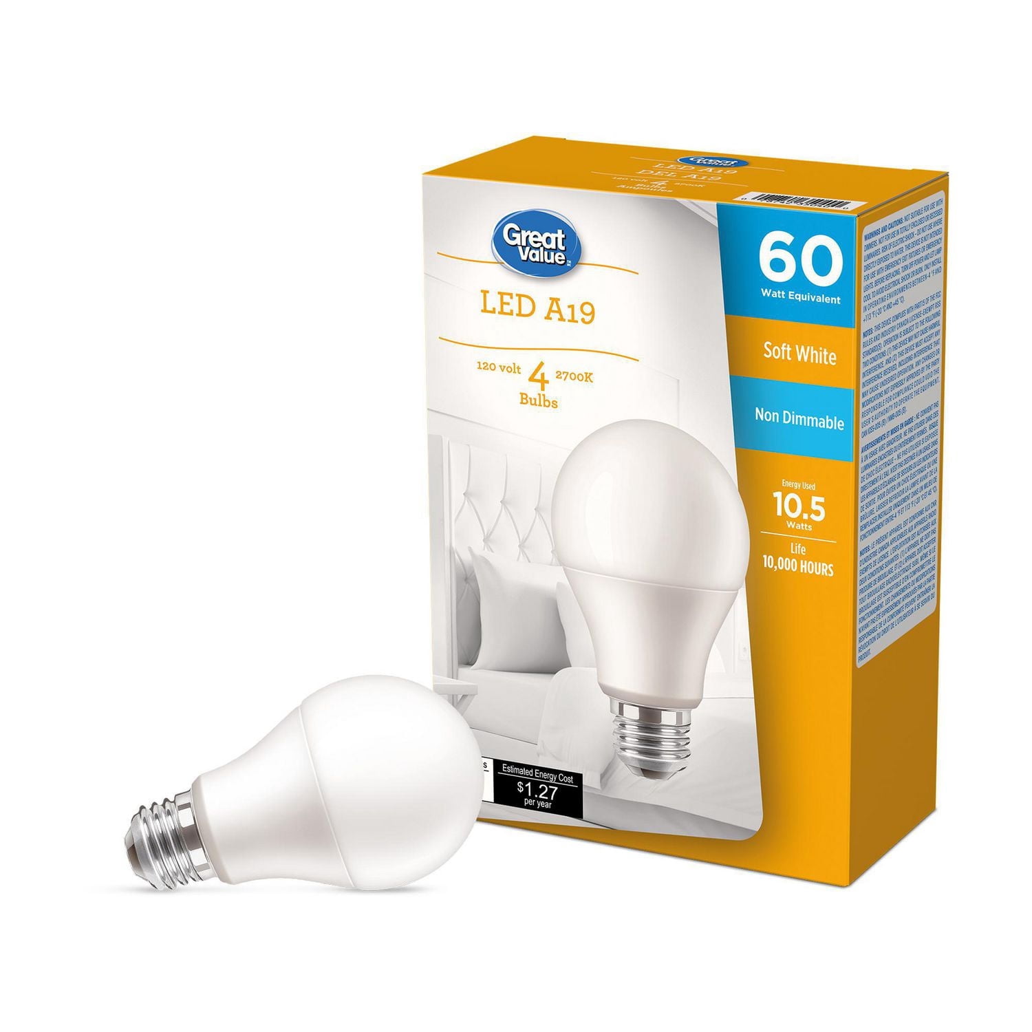 Ampoules DEL Great<br>Value A19 60 W blanc<br>doux, paq. de 4