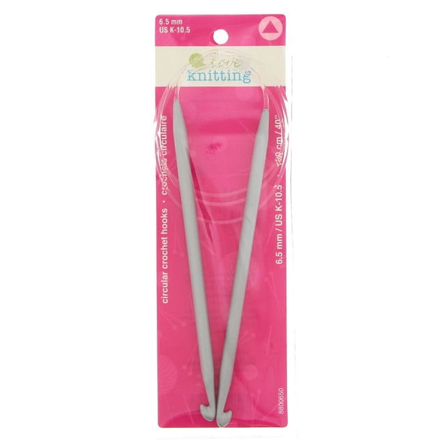 Love Knitting 40" Circular Crochet Hooks in 6.5 mm (US K-10.5) size with aluminum hooks connected by a flexible cable, packaged on pink and cream card, designed for crocheting in the round with smooth, durable construction, also suitable for creating seamless crochet patterns.