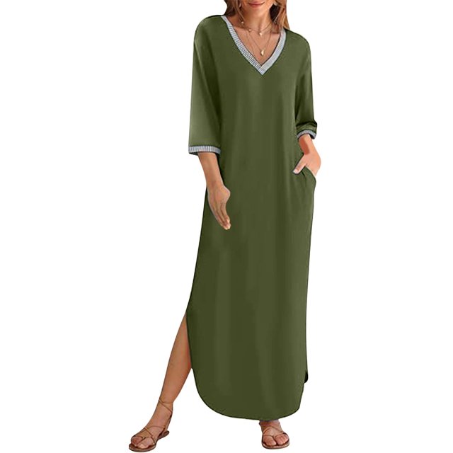 Liquidation d'Automne! Robes de Travail pour Femmes 2024, Robes pour Femmes Manches 3/4 Col en V Ample Fluide Fendue Longue Robe Maxi avec Poches Vert Armée m