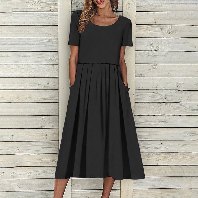 Robes d'Été pour Femmes 2025 Zeophrasy Robe de Vacances Décontractée pour Femmes, Fête, Quotidien, Plissée, Col Rond, Unie, Manches Courtes, avec Poche, Liquidation à Moins de 5