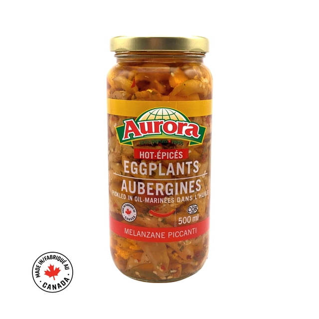 Aurora Hot Pickled Eggplants in Oil 500 ml glass jar containing sliced eggplants pickled with hot peppers in canola oil, spices, vinegar, and salt, labelled in English and French with a gold metal lid and Canadian made logo, suitable for appetizers or adding to sandwiches and pastas.