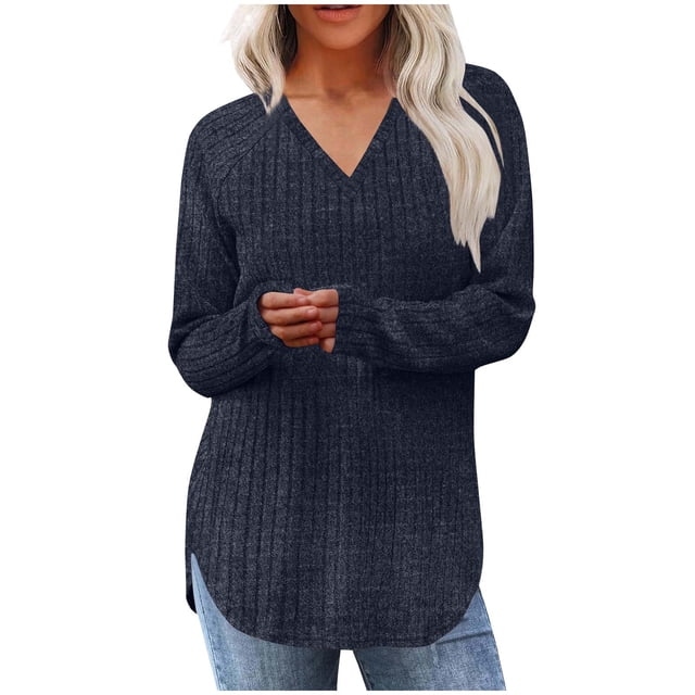 BLVB Womens Soft Long Sleeve V Neck Shirts Solid Color Casual Ribbed Knitted Pullover Tunic Tops Lightweight Curvy Sweaters