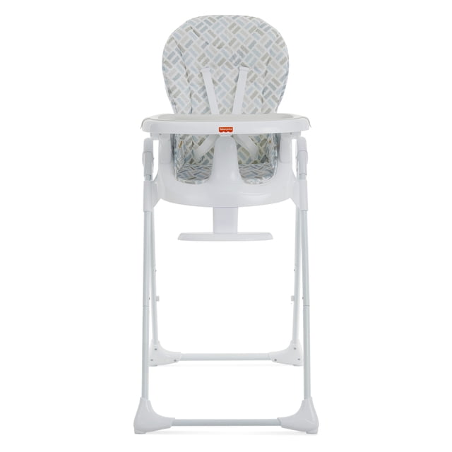 Fisher Price Tiny Bites Chaise Haute par Dream On Me, Vue Orientée vers l'Avant de la Chaise Haute Gris Nuage avec Siège Rembourré Gris Nuage et Plateau Double Amovible Intégré. Cadre en Métal Montrant le Levier à Pliage Rapide en un Clic; Caractéristiques Répertoriées sur le Produit : 7 positions de Hauteur Réglables, 3 positions de Plateau, 3 positions de Repose-Pieds et 2 positions de Dossier. Gradateurs de Produit 20,08 Pouces L x 30,71 Pouces L x 46,46 Pouces H;